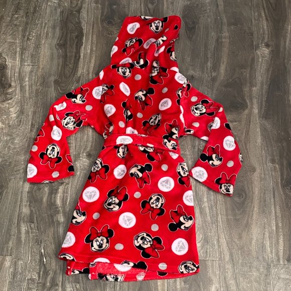 DISNEY MINNIE MOUSE Girls Size Medium (8) Hooded Robe White Red Black Fuzzy Soft - Picture 6 of 8
